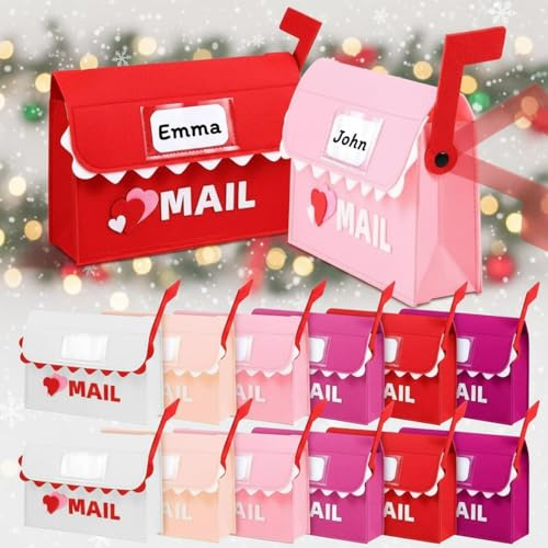 Libima 12 Pcs Valentine's Day Felt Mailbox with Flag for Gifts Exchange, Valentine Felt Bag with 12 Cards 9.84 x 5.91 x 2.76 Inch Hanging Mailbox for Valentine Party Favor Supplies