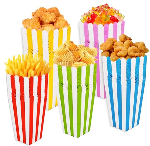 Eymobad 50 scatole pieghevoli per popcorn – Sacchetti colorati per popcorn in cartone resistente, snack caramelle popcorn, sacchetti per feste di compleanno, snack in 5 colori per casa, cinema
