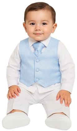 SIRRI Baby Boys 4 Piece White Christening Suit With Blue Waistcoat, Formal Set Age 3-6 Months
