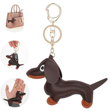 BOHUIZ Dackel Schlüsselanhänger, PU Hund Anhänger für Tasche Süßer Welpen Glücksbringer Geschenk für Frauen Männer Kinder, Braun Geburtstag Schlüsselring