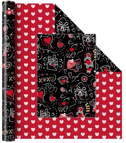 WERNNSAI Valentinstag Geschenkpapier – 1 Rolle Rotes Herz Geschenkpapier zum Valentin Rotem Schwarzes Liebe Geschenk Papier Frauen Mädchen Geburtstag Hochzeiten Feierlichkeiten Dekoration 43cm x 10m