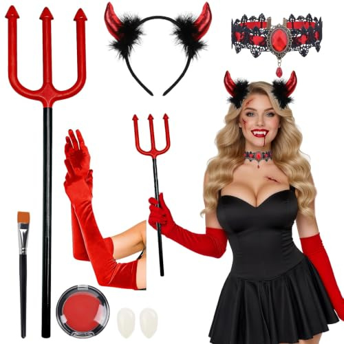 Teufel Kostüm Damen Vampir Faschingskostüme - Teufelshörner Frauen Karneval | 7 Teufelskostüm Zubehör für Erwachsene Haarreif Dreizack Vampirzähne Halskette Handschuhe Rotes Make-up Hörner Kopfschmuck