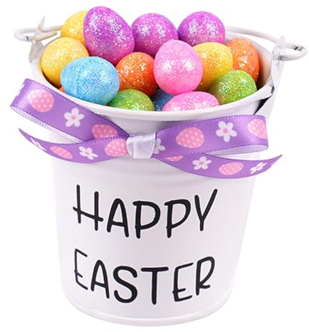 Fenteer Cesta de Pascua Cubeta Pequeña Huevos Decoración Pascua Canasta Almacenamiento Asa Portátil Material Hierro Espuma Adecuada para Fiestas Jardín Aula R, Lazo Estampado Violeta, Individual