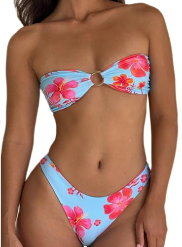 Acrawnni Womens Bikini Set Triangle Swimsuit Flower Print Strapless Tube Tops with Thong 2 Pcs Set Sexy Bathing Suits