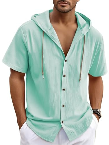 Bsrpolry Camisa para hombre, algodón y lino, sudadera con capucha, camisa de manga corta, camisa de playa, camisa de verano, camisa elegante