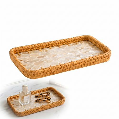 Gold and White Leaf Handwoven Rattan Rectangular Shell Tray 22x12x3cm - Compact Shallow Storage for Keys, Remotes, Jewelry, Cosmetics, Snacks, and Drinks, Ideal for Coffee Tables, Bedside,