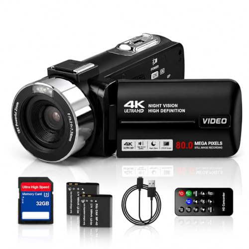 Aroeally Camcorder Video Camera 4K, 80MP Vlogging Camera for YouTube with 18X Digital Zoom, 3.0 270° Flip Screen,IR Night Vision Includes 32GB SD Card, 2 Batteries, Remote, Webcam Mode
