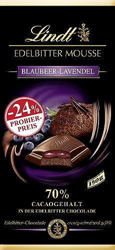 Lindt Schokolade Edelbitter Mousse Blaubeer-Lavendel, Promotion | 150 g Tafel | Mit 70 % Kakaogehalt, dunkler Mousse au Chocolat und Blaubeer-Lavendel Füllung | Schokoladentafel | Schokoladengeschenk
