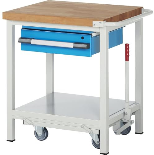 eurokraft | Fahr- und absenkbare Werkbank | Gestellbauweise Serie 8000 | 1 Hängeschublade | Ablageboden | BxT 750 x 700 mm