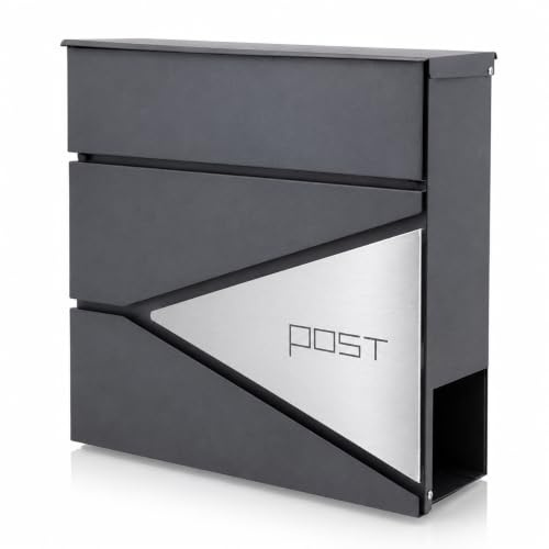 BITUXX Design Briefkasten Wandbriefkasten mit Zeitungsfach, Edelstahlblende, Postkasten pulverbeschichtet, Hausbriefkasten mit Namensschild, inkl. 2 Schlüssel, 370 x 370 x 105 mm, Graphit/Edelstahl