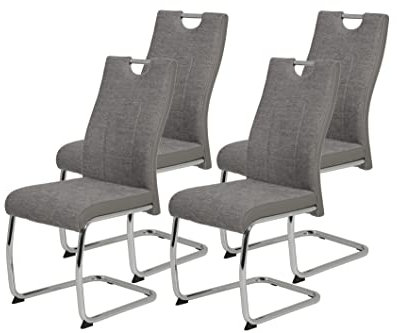 Hela Tische, 4er Set Schwingstuhl Alina Webstoff Grau, Metallgestell Rundrohr Chrom, Lehne mit Griff