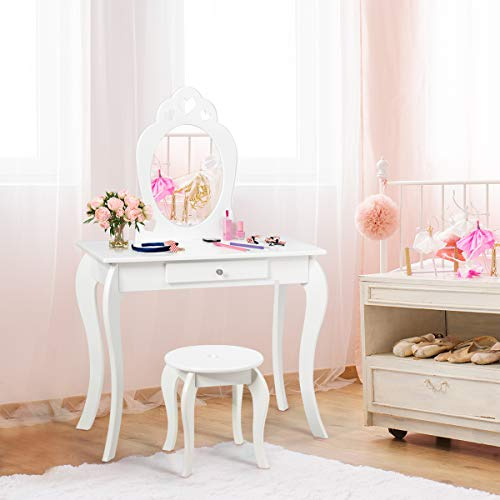 Costzon Kids Vanity, Girls Vanity Set with Mirror and Stool, Storage Drawer, Princess Toddler Makeup Vanity Desk Dressing Table, Wooden Kids Vanity Table and Chair Set (White)