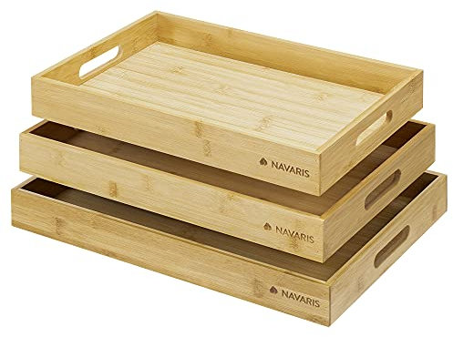 Navaris Bandeja Rectangular de bambú - Set de 3X bandejas para Cocina Servir Comida Desayuno Comer en la Cama - 3X Fuente Grande Mediana y pequeña