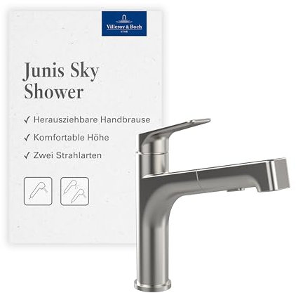 Villeroy & Boch Junis Sky Shower Küchenarmatur, Hochdruck, Wasserhahn Küche mit ausziehbarer Brause und Umschaltfunktion, Spültischarmatur wassersparend, Auslauf Höhe 171mm, Edelstahl massiv