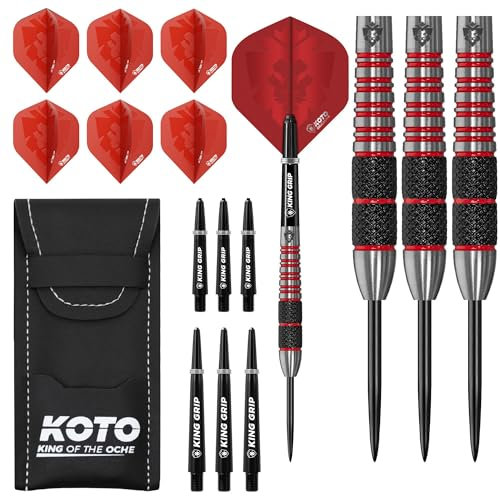 KOTO - Kingbomb Black & Red Darts 23 G, Rot, Dart-Set inkl. 3 Barrels,Flights + Shafts & Dartwallet, Fester Ringgrip
