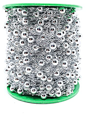 30m Perlengirlande Perlenband Perlenkette Perlenschnur Geschenkband Perlen Dekoband für DIY Basteln Party Tischdeko Hochzeit Braut Haarschmuck Ohrringe Halskette Brautstrauß Weihnachtsbaum,Silber