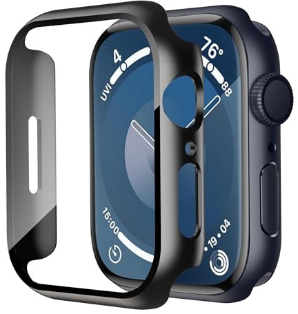 Uluck 2 Stück Hülle mit Glas Displayschutz Kompatibel mit Apple Watch Series 9/8/7 45mm, Displayschutz Rundum Schutzhülle Ultradünnes Schutz Case, Schwarz