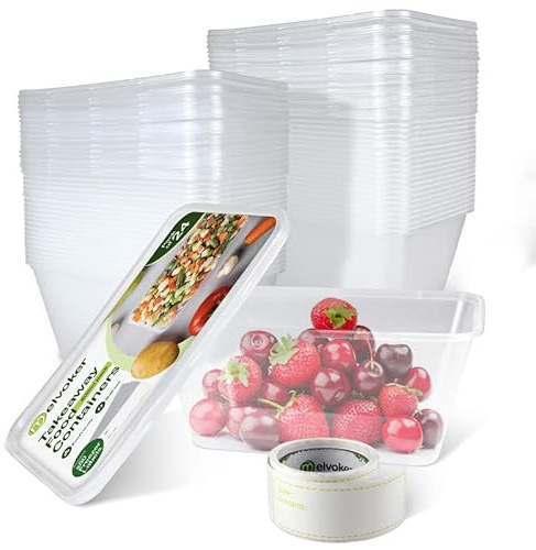 Melvoker 24 Pack Food Container 1000 ML - Plastic Takeaway Containers with lids- food prep containers with lids - freezer containers - Plastic Tubs Food Boxes - 50 Freezer Labels