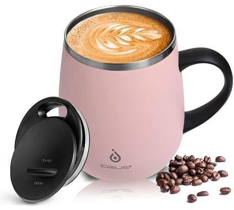 Ideus 16 oz Insulated Coffee Mug with Handle and Lid, Double Wall Stainless Steel Vacuum Thermal Coffee Mug, Travel Coffee Cup Thermal Cup for Home and Office, Sakura Pink