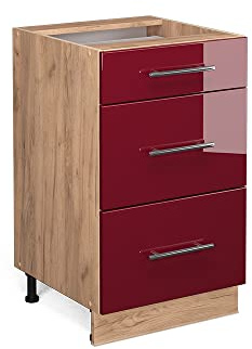 Vicco Küchenunterschrank Fame-Line, Bordeaux Hochglanz, 50 cm | MDF-Front · Ohne Arbeitsplatte · Höhenverstellbare Füße · Metallgriffe · Metall-Vollauszüge