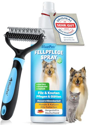BluePet Bürste + Entfilzungsspray für Hunde & Katzen I Löst Verfilzungen & Verbessert Kämmbarkeit, Anti Filz Spray als Fellspray für Fellpflege, Glätten & Pflegen mit Aloe Vera, Shea-Butter & Jojobaöl