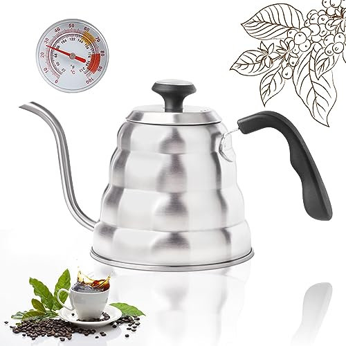 EFUTURETIME Hervidor de Agua con Cuello de Cisne de Acero Inoxidable 1.2 L, Hervidor de Agua con Termómetro para Placas de Gas e Inducción, Gooseneck Kettle para Preparar Té y Café, Plata