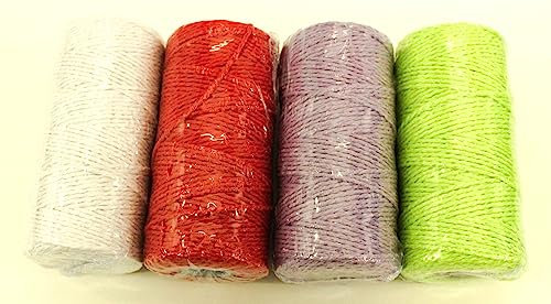CaPiSo 4x100m Baumwolle 2mm Bäckerschnur Baumwollkordel Küchengarn Kordel Bäckerkordel Bindfaden Baumwollschnur Weiss-Rot-Flieder-Hellgrün