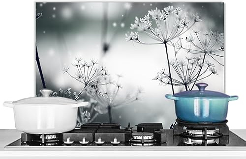 KitchenYeah© Fond de Hotte Aluminium Crédence Cuisine Décoration Murale | 70x50 cm - Crédence Plaque de Cuisson Anti Projection Fleurs - Nature - Noir et blanc - Photographie