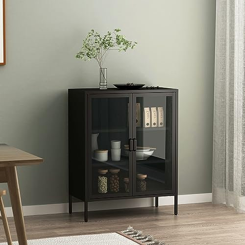 [en.casa] Sideboard Fauske Kommode Vitrinenschrank Wohnzimmerschrank Bücherregal Beistellschrank Standschrank aus Stahl mit 2 Glastüren 101,5x80x40cm Schwarz