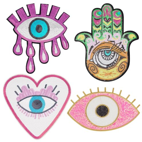 INFUNLY 4 Stück Große Böse Augen Gestickte Applikationen Böse Augen Herz-Pailletten-Applikation Böse Augen Hand Strass-Applikation Böse Augen Nähen Reparaturflicken DIY-Handwerk Für Kleidung