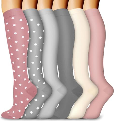 6 paires de chaussettes de compression pour hommes et femmes 20 - 30 mmHg bas antidérapants parfaits pour l'athlétisme, la course, le fitness, la grossesse, les voyages en avion et le soutien
