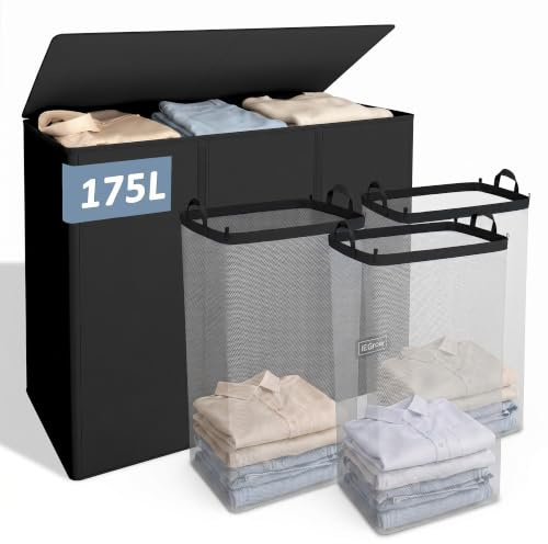 iEGrow Wäschekorb 3 Fächer 175L, Großer Wäschesammler mit Deckel und Innentasche, Wäschekörbe für Waschküche, Schlafzimmer, Badezimmer (Schwarz)