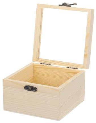 QUARKZMAN Unvollendete Holzvitrine mit Scharnierdeckel 12x12x 8,5 cm Beige | Kleine Holzschmuckaufbewahrungsbox mit Glasdeckel für DIY-Handwerk, Sammlerstücke