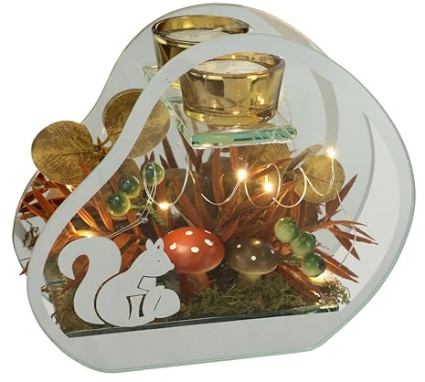 Värmeljushållare av glas med LED-ljus, värmeljus, höstdekorerad svampar, ekorre, höstlöv, 16 cm, dekoration, konstgjorda blommor, ljusstake, ljushållare, bordsdekoration, ljus, vindljus, dekorativa