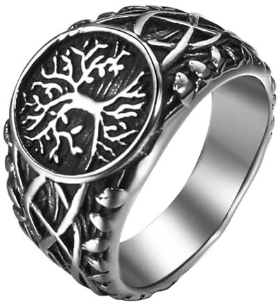 JewelryWe Lebensbaum Ring Herren Siegelring: Wikinger Edelstahl Herren-Ring Baum des Lebens Keltische Knoten Runde Siegelringe Vintage Fingerring Bandring Band Nordische Schmuck für Männer Größe 70