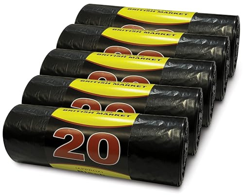 G4GOODS® 5 Rolls of 100 Heavy Duty 70L Black Sack Bin Bags 140 Gauge/35 Micron 20 Bags Per Roll Tear-Resistant Garden Waste Bags for Household Office Use (15x29x33)