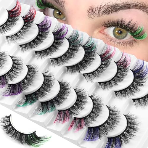 Wimpern Färben, 10 Paar Falsche Wimpern Künstliche Wimpern Selbstklebende Wimpern Set, Fake Lashes Eyelashes Farbige Wimpern Fluffy Wispy Wimpern mit Farbe für Karneval Fasching Make Up Halloween