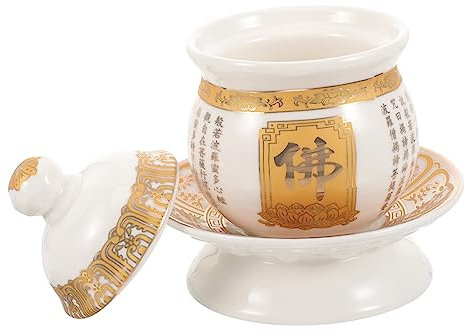 PHENOFICE Buddhistischer Wasseropferbecher Aus Keramik Mit Deckel Und Tablett Kompakter Opferbecher Für Tempel Und Ritual Dekorativer Lotus Wasserbecher Für Anbetung Und Aufbewahrung