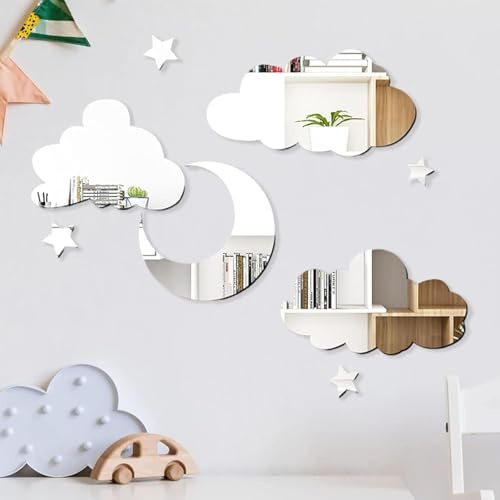3D Moon Cloud Mirror Wall Decor Acrylic Mirror Wall Stickers Self Adhesive Decorative Moon Star Cloud Wall Decals for Baby Kids Children's Living Room Bedroom Nursery Wall Decor