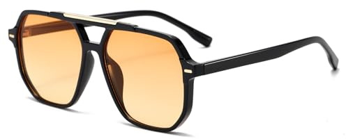 RUNHUIS Retro Große Quadratische Sonnenbrille für Damen Herren, Vintage Rectangle Sonnenbrille mit UV400 Schutz, Mode Unisex Brille (Schwarz/Orange Farbverlauf)