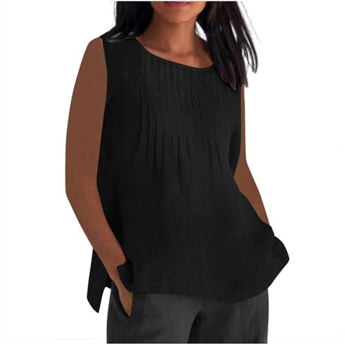 Linen Tops Women UK Plus Size,Ladies Oversized Cotton Linen Vest Tops Crewneck Plain Sleeveless Tshirts Loose Gym Pleated Camisoles Blouses Summer Cami Tank Tee Shirt Clearance S-5XL