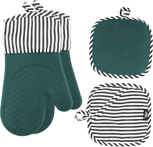 BEZEE Silicone Oven Gloves with Mitts Set of 4 Heat Resistant Gloves for Cooking Non-Slip Pot Holders for Kitchen Premium Stove Mitt – Green
