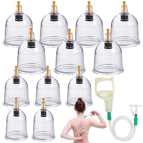 Cupping Glasses Set, 12 Cupping Cups for Traditional Chinese Therapy and Cupping Massage, Cupping Set with Vacuum Pump and Extension Tube, Cupping Glass Cupping Set (without Oil)