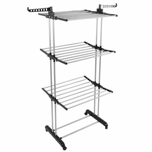 NovatoStar Airer Clothes Drying Rack, 4-Tier Foldable Clothes Hanger, Adjustable Large Laundry Racks for Indoor Outdoor Use With 24m of Drying space (Black)