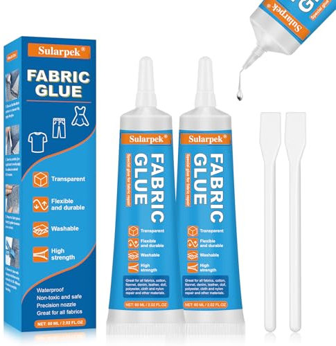 Sularpek 2 * 60 Ml Colla per Tessuti, Colla Tessuti Extra Forte Trasparente per Cotone, Flanella, Denim, Poliestere e Riparazione di Bambole, 24 Hours Dry and Waterproof