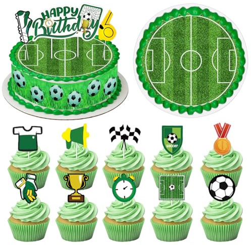 18 Stück Tortendeko Fussball Set, mit Tortendeko Essbar | Happy-Birthday Cupcake Topper, Fußball Tortenband, Fußball Torte Topper, Kuchendekoration für Geburtstagspartys/Mottopartys