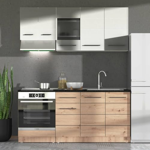 Homestyle4u Küche Küchenzeile Küchenblock Eiche Holz Weiß Einbauküche Single Küchen Schränke 180 cm | Artikel 3029