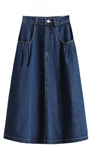 Denim Skirt with Pockets for Women, Elasticated Waist Ladies A Line Casual Jean Skirts Midi Fashion Office Work Basic Half Dress for Job Party Dark Blue L
