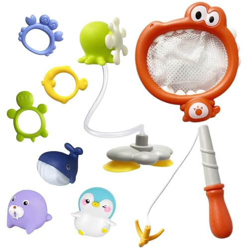 LYNSAN 4-in-1 Badewannenspielzeug Badespielzeug Baby 10 Stück Angelspielzeug Badewanne Spielzeug Wasserspielzeug Spritztiere Pool Spielzeug Geschenk für Kinder Babys Kleinkinder Jungen und Mädchen