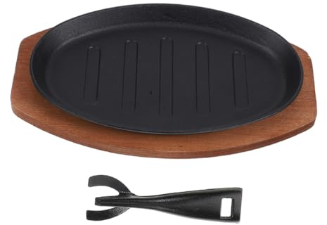VOSAREA Cast Iron Steak Grill Pan Wooden Base, 12-inch Teppanyaki Sizzling Plate for Western Beef Steak and Fajita Skillet, Includes Fork – Iron Cookware Set for Grilling and Serving